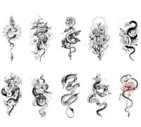 10 Sheets Temporary Tattoos For Women Girls Flowers Snake Dragon Temporary Tattoo Men Children Waterproof 3D Body Art Sticker Arm Tattoos Sticker Body Sticker