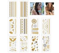 10 Sheets Temporary Tattoos,Metallic Tattoos,Flash Gold Temporary Tattoos,Waterproof Long Lasting 3D Fake Tattoo Stickers,for Adult Kids Birthday Christmas Halloween Party Decoration