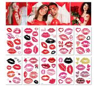 10 Sheets Valentine'S Day Temporary Tattoos Red Lip Prints Black Love Lips Face Tattoos
