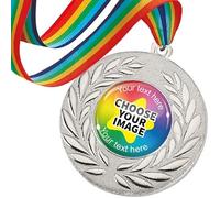 10 Silver Create Your Own Personalised Customised Rainbow Ribbon Medals Medallions Sports Day Reward Trophy 23mm Primary Teaching Services