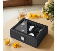 10-Slot Watch Box Organizer with Large Glass Lid, Removable Watch Pillows, Black + Black