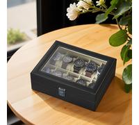10-Slot Watch Box Organizer with Large Glass Lid, Removable Watch Pillows, Black + White