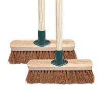10” Soft Broom Natural Coco Bristles Cleaning Brush with Wooden Handle Durable Support Bracket Sweeping Brush Indoor for Cleaning Wooden Floor, Patios, Garage, Decking & Paving Slabs(Pack of 2)