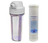 10" Standard Clear Filter Housing with 1/2” Female Ports (Fittings incl for ¼” PF) and Carbon Block Filter