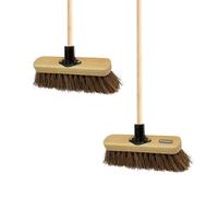 10” STIFF Broom Indoor with Wooden Handle Natural Bassine Bristles Sweeping Brush with Durable Support Bracket for Cleaning Any Surface Wooden Floor Decking and Paving Slabs (Pack of 2)