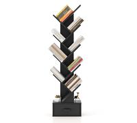 10 Tiers Bookshelf Display Bookcase Tree Shaped Storage Rack Shelves with Drawer COSTWAY Black One Size