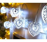 10 Warm White LED Metal Filigree Heart Shaped Fairy Lights - Christmas and Bedroom Lighting