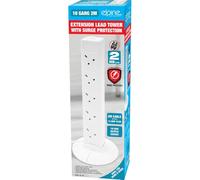 10-Way Surge Protected Tower Extension Lead with USB Ports - 2M Power Strip, Multi-Plug Outlet for Home, Office & Devices