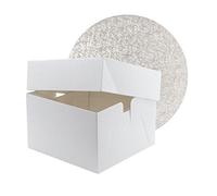 10" White Birthday/Celebration Cake Box with 10" Round Double Thick Silver Board 3mm Thick - (Pack of 10)