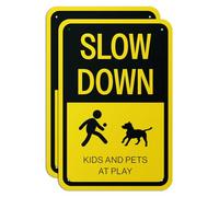 10 x 15 inch, Aluminum Slow Down Sign - Please, Drive Slower, Kids & Pets at Play Sign for Speeders, Neighborhoods, or Worried Parents - 2 Pack