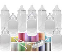 10 x 1L Plastic Sweet Jars, 1 x Tong, 1 x Scoop, 100 x Candy Stripe Bags for Parties, Weddings (Silver Grey)