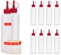 10 x 250 ml Octopus synthetic bottles, plastic bottles made of HDPE with red spray caps or dropper caps, e.g. for e-liquids / e-cigarettes, chemical-resistant, incl. 10 labels