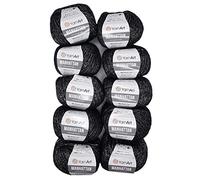 10 x 50 g YarnArt Manhattan Viscose Yarn with Glitter 500 g Metallic Wool Effect Wool (Black Silver 915)