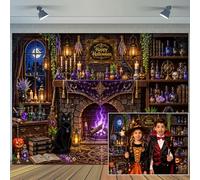 10 x 8 ft Halloween Witch Magic Cottage Backdrop Gothic Magic Potion Fireplace Spooky Castle Bookshelf Moon Night Background Kids Adults Halloween Party Decorations Photo Banner Props