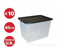 10 x 80 LITRE PLASTIC STORAGE BOX - STRONG - EXTRA LARGE - BLACK LID
