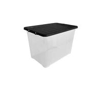 10 X 80L Plastic Storage Boxes With Black Lid Heavy Duty Clear Stackable Boxes For Home, Garage,& Clothes 57X40X40Cm Pack Of 10