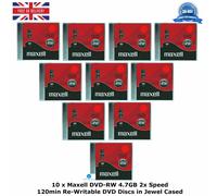 10 x Maxell DVD-RW 4.7GB 2x Speed 120min Re-Writable DVD Discs in Jewel Cased