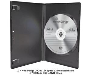 10 x MediaRange DVD-R 16x Speed 120min Recordable 4.7GB Blank Discs in DVD Cases