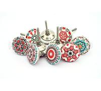 10 x Mix Vintage Look Flower Ceramic Knobs Door Handle Cabinet Drawer Cupboard Pull Mandala Design (Pink)