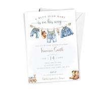 10 x Personalised A Blue Jean Baby Is On His Way Shower Invitation - A6 Size with Envelopes - Blue Denim Theme Baby Shower Invite Cards for Boys