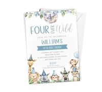 10 x Personalised Four Ever Wild 4th Birthday Invitation - A6 Size with Envelopes - Boys or Girls Jungle Themed First Birthday Invite Cards - Giraffe, Lion, Rhino, Monkey, Zebra Theme