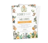 10 x Personalised Four Ever Wild 4th Birthday Invitation - A6 Size with Envelopes - Boys or Girls Safari Jungle Themed First Birthday Invite Cards - Giraffe, Lion, Elephant, Monkey, Zebra Theme
