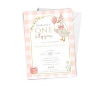 10 x Personalised Girl's ONE Silly Goose Birthday Party Invitations with envelopes, PINK Girl's 1st Birthday Invites, Goose Theme Party Invites