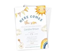 10 x Personalised - Here Comes The Son - Baby Shower Invitation - A6 Size with Envelopes - Sun Themed Baby Shower Invite Cards for Boys