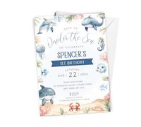 10 x Personalised Onder The Sea 1st Birthday Invites - A6 Size with Envelopes - Boys or Girls First Themed Birthday Invitation Cards - Ocean Whales Dolphin Turtles Theme