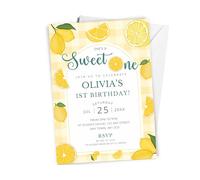 10 x Personalised Sweet One 1st Birthday Invitation - A6 Size with Envelopes - Lemon & Gingham Themed 1st Birthday Invite Cards