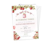 10 x Personalised The Apple Of Our Eye Is Turning Three Birthday Invitation - A6 Size with Envelopes - Apple Theme 3rd Birthday Invites Cards - Girls or Boys Third Birthday Invite