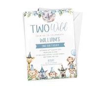 10 x Personalised Two Wild 2nd Birthday Invitation - A6 Size with Envelopes - Boys or Girls Jungle Themed First Birthday Invite Cards - Giraffe, Lion, Rhino, Monkey, Zebra Theme