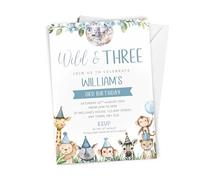 10 x Personalised Wild and Three 3rd Birthday Invitation - A6 Size with Envelopes - Boys or Girls Jungle Themed First Birthday Invite Cards - Giraffe, Lion, Rhino, Monkey, Zebra Theme