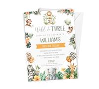 10 x Personalised Wild and Three 3rd Birthday Invitation - A6 Size with Envelopes - Boys or Girls Safari Jungle Themed First Birthday Invite Cards - Giraffe, Lion, Elephant, Monkey, Zebra Theme