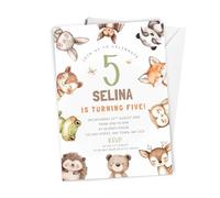 10 x Personalised Woodland Cuties Birthday Invitation - A6 Size with Envelopes - Boys or Girls Forest Friends Themed First Birthday Invite Cards - Bear, Hedgehog, Fox, Deer and Owl Theme