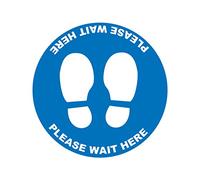 10 x please wait here blue - social distancing landscape floor safety sign self adhesive vinyl weather proof label sticker - 10cm x 10cm - (SC-40)