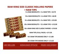 (10 x Raw Booklets + 6 x Raw Tips) RAW Rolling Papers KING SIZE Slim CLASSIC + RAW TIPS Multi Listing
