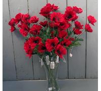 10 x Red Poppy Stems 45cm Artificial Flowers 4 Flower Heads per Stem Wild Red Poppies with Green Leaves