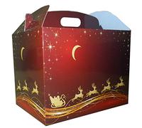 10 x SANTA REINDEER CHRISTMAS LARGE GABLE BOXES - Red and Gold Cardboard Xmas Gift Hamper Boxes