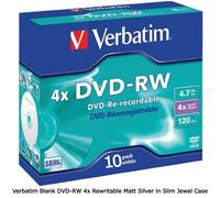 10 x Verbatim Blank DVD-RW 4x Rewritable Matt Silver Discs in 10 Slim JewelCases