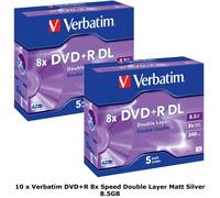 10 x Verbatim DVD+R 8x Double Dual Layer 8.5GB DL Matt Silver Discs Jewel Cased