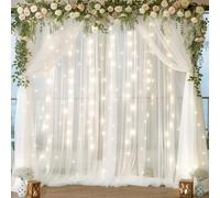10 x10 White Chiffon Backdrop Curtain with Twinkle Lights String for Wedding Parties Baby Shower Photo, Led Fairy Light up Backdrop for Window Curtain Bedroom