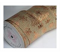 10 yd Roll of Wide Wire Edge Wired Christmas Ribbon (63mm / 2.5”) - from a British Company. Perfect for Tree Tinsel Wreath .Natural Burlap with Rose Gold Curly Trees)