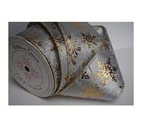 10 yd Roll Wide Wire Edge Christmas Ribbon Wired Edged (63mm / 2.5”) Silver Grey Velvet with Gold Foiled Snowflakes from a British Company. Tree Tinsel Wreath Garland Present Buy with Confidence