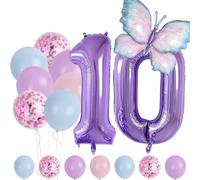 10 Year Set - Number Foil Balloon, Animal Decoration, Blue Purple Birthday Decoration, Butterfly Decoration, Children's Birthday Party Decoration, Number 10 Balloon for Girls Boys Birthday Festival