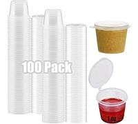100 * 1oz Round Food Container Pots with Lids, Plastic Hinged Sauce Reusable Jelly Shot Cups Clear Small Deli Pot Restaurants Takeaways Containers for Dips Chutney Ketchup Salads-25ml