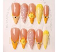 100% 5D Handmade Press on Nails with Charms Long Stiletto Nails Press ons- Water Ripple False Nails Ombre Orange Yellow Press on Nails Summer Fake Nails for Women Girls Daily Wear DIY Manicure Size M