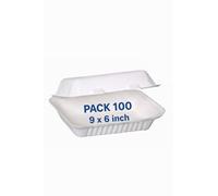 100 × 9x6 Bagasse Biodegradable Sugarcane Clamshell Takeaway Box 9 × 6 Inch - Pack of 100 - Eco-friendly Packaging Hp10 32oz / 900ml, Made from Natural Sugarcane Pulp, Disposable Food Container