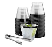 100 Black Rimmed Plastic Cups and 1 Silver Ice Tong Set - 9 Ounce Disposable Cocktail Glasses - Plastic Wine Cups - Black Party Decorations - Wedding Party Supplies