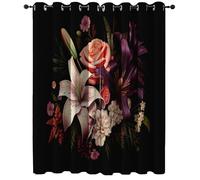 100% Blackout Curtain W 66" x L 90" (2 Panels), Dark Thermal Insulation Noise Reducing Curtains with Modern Close Up Florals Lily Printing - for Kitchen Living Room Children's Room